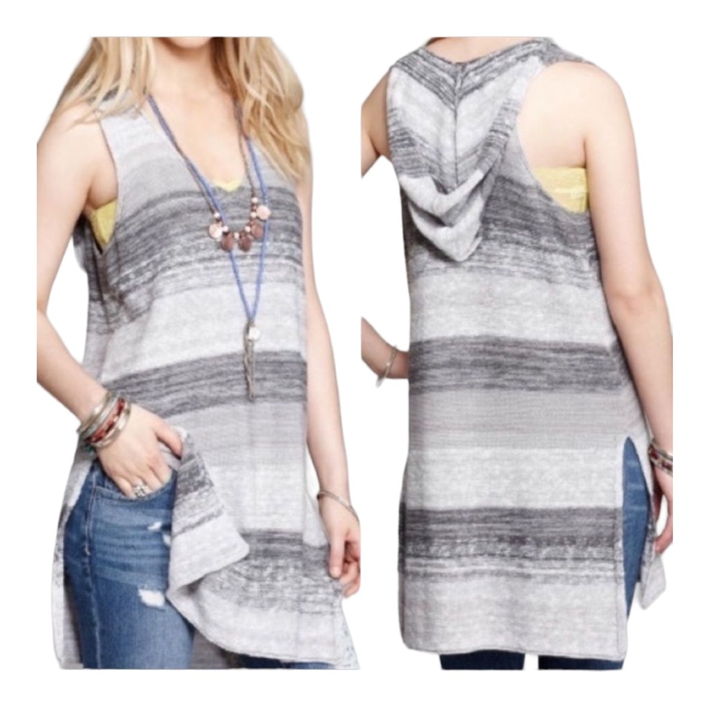 Free People Striped Knit Sleeveless Long Line Hooded Sweater in Grey Size S